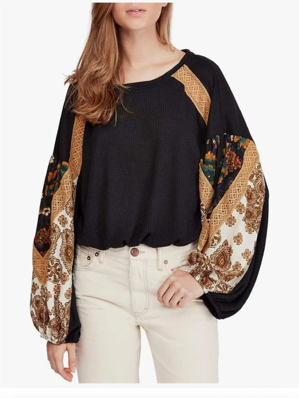 Free People Black Waffle Knit Shirt with Gold Paisley Balloon Sleeves Size L